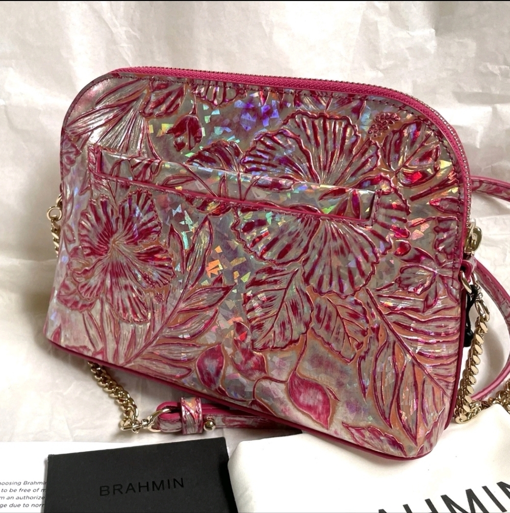 Bnwt Brahmin Iridescent Pink Floral Crossbody Bag - Picture 2 of 4